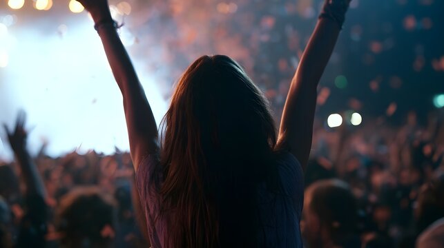 An energetic musical concert scene featuring falling confetti under soft ambient light capturing the vibrant atmosphere of a live performance