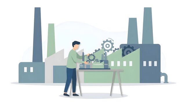 Clean, minimal flat vector illustration of digital twin factory: minimalist figures adjusting gears in a small model factory on a desk, which causes the exact same changes in a giant factory i...