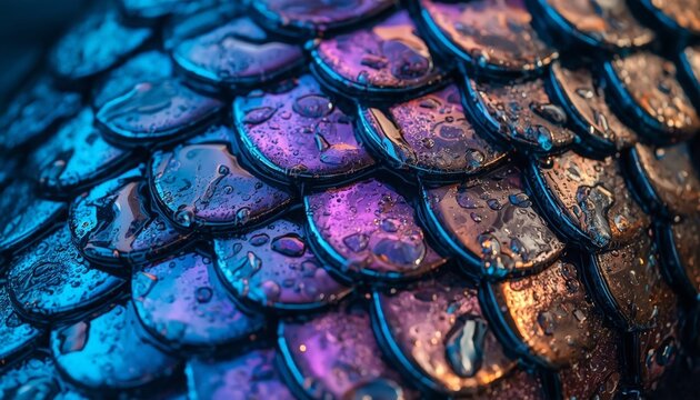 Purple and blue scales of a dragon ' s skin with water droplets on it