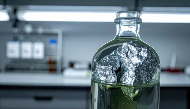 Irregular chunk of silvery white potassium metal stored under oil in a laboratory bottle