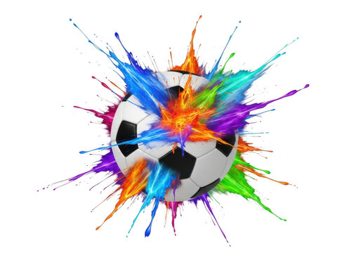 Soccer ball exploding with vibrant colorful powder during a dynamic action
