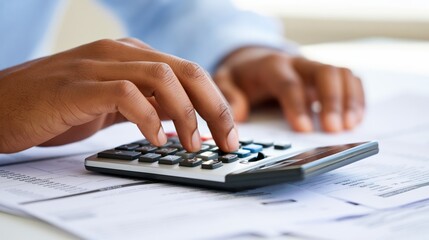 Fototapeta premium Close-up of hands using a calculator to perform financial calculations on documents