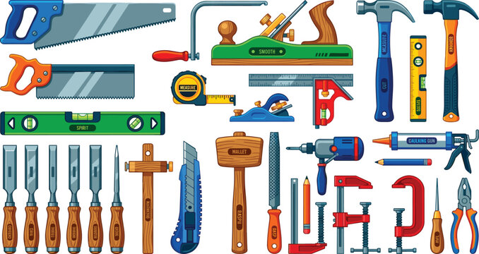 Flat Vector Carpentry and Woodworking Hand Tools Set with Saws Hammers Chisels Planes Clamps and Measuring Instruments for Workshop Graphic Designs