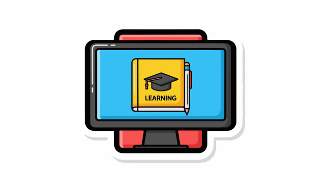 A digital illustration of a computer monitor displaying a book with a graduation cap on its cover