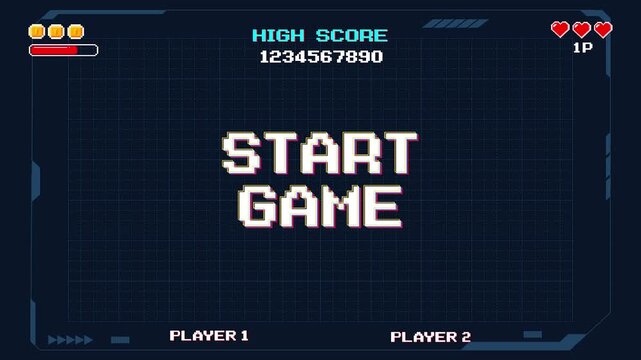 START GAME. pixel art 8 bit. Retro Futurism Sci-Fi Background. glowing neon grid and star from vintage arcade computer games 