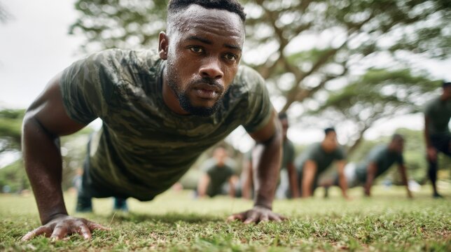 Group fitness bootcamp at the park intense participant in sharp focus doing pushups on the grass with leafy trees and moving classmates artfully out of focus behind.