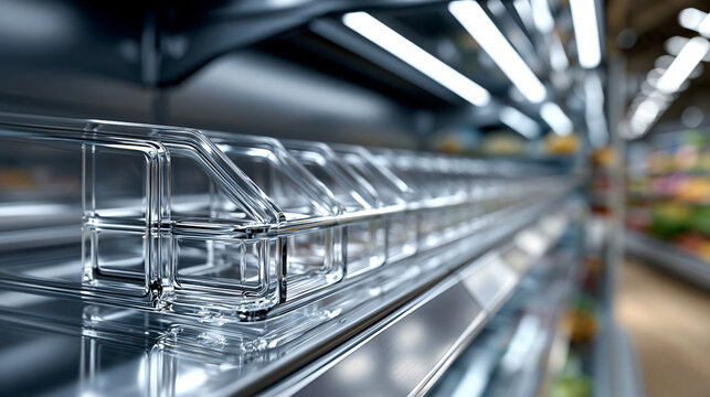 High-resolution photorealistic documentary commercial stock photo of retail shelf reset hardware arranged on empty store shelf, clear plastic product dividers and spacers lined up