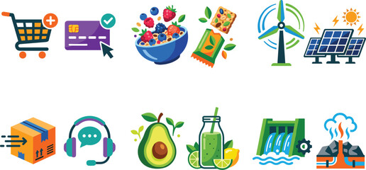 Naklejka premium Flat Vector Icon Set with E-commerce Shopping Healthy Organic Food and Renewable Green Energy Symbols for Creative Web and Mobile App Designs