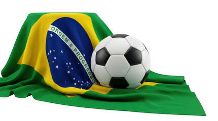 Naklejka premium Soccer ball resting on draped Brazilian flag with bright studio lighting