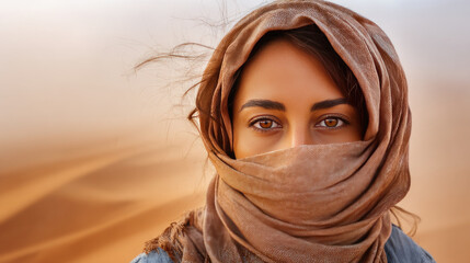 Fototapeta premium woman in hijab close-up against sandstorm in desert. Climate change in Africa is causing a terrible sandstorm, carrying mud and sand across the savannah, disrupting normal life.