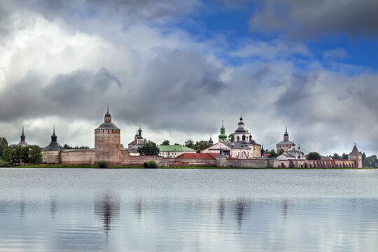 Panoramic view of Kirillo-Belozersky Monastery from Lake Siverskoye, Russia. Ancient fortress architecture under daylight