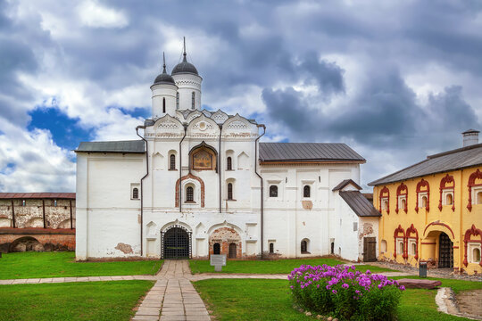 Facade of Church of the Transfiguration in Kirillo-Belozersky Monastery, Russia. Ancient orthodox brick architecture