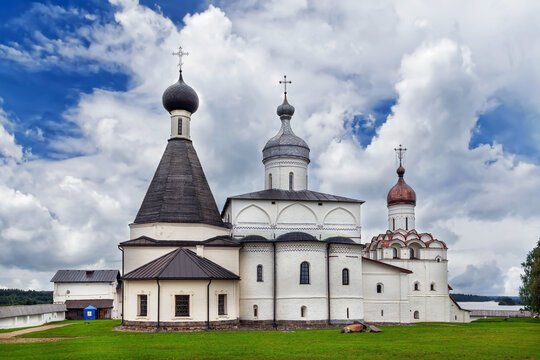 Apse view of the church complex in Ferapontov Monastery, Russia. Ancient orthodox stone architecture under daylight
