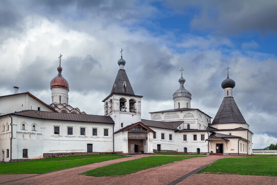 Facade view of the church complex in Ferapontov Monastery, Russia. Ancient orthodox stone architecture under daylight