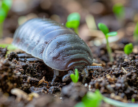 macro view of a roly poly pill bug moving through rich soil among young seedlings, symbolizing biodiversity, decomposition and healthy soil ecosystems