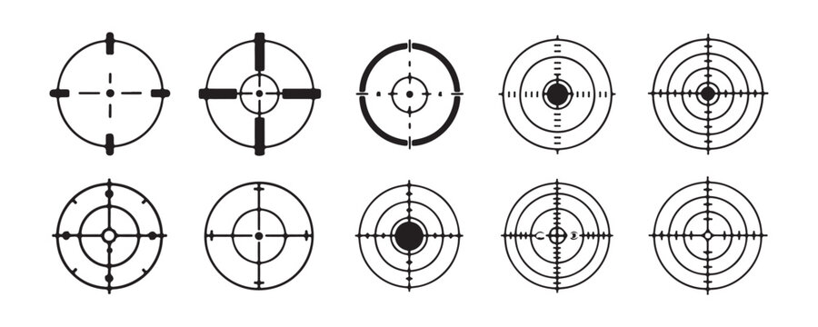 Crosshair reticle collection various scopes and targets set isolated on transparent background.