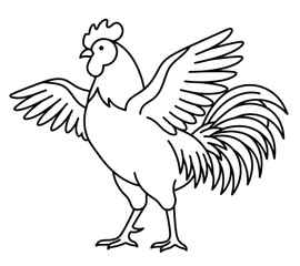 Minimalist rooster line art vector, hand drawn cockerel with spreading wings, black and white farm bird illustration for coloring or logo design © Demon