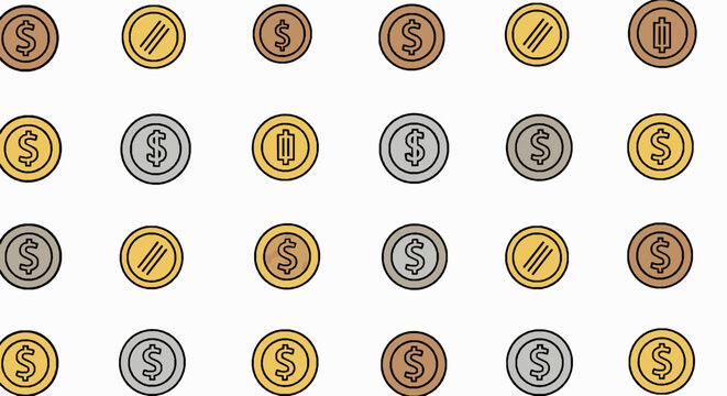 Seamless pattern with various gold and silver coins with dollar signs