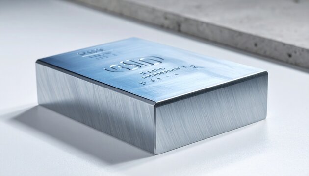 Polished block of pure titanium displaying a distinctive brushed metal texture on a clean surface