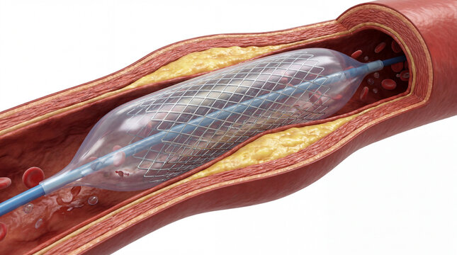 3D illustration of coronary angioplasty with balloon catheter and metal stent