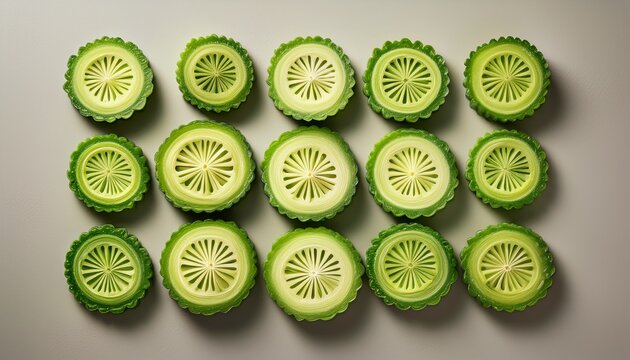 patterned bitter melon slices arranged in a grid on a neutral background