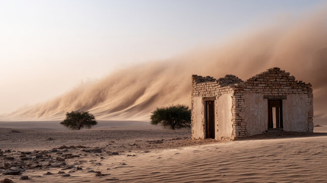 Sandstorm and destroyed building in the desert. Climate change in Africa is causing a terrible sandstorm, carrying mud and sand across the savannah, disrupting normal life.
