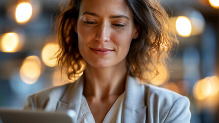Obraz premium A wide shot of a businesswoman reviewing softly a calm certification report on a bright tablet in an office certification report open face bright office soft