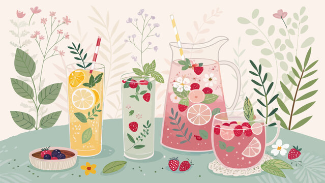 Summer refreshing fruit drinks, lemonade and berry punch in glasses and pitcher on a table with floral decor