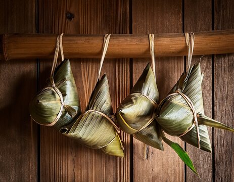 four zongzi wrapped in bamboo leaves hanging in a rustic wooden room