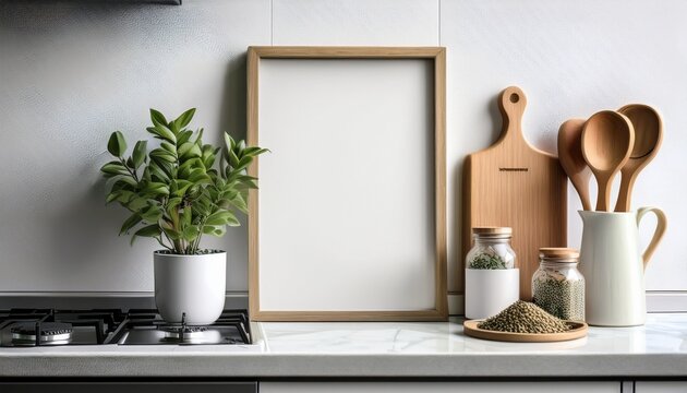 modern kitchen countertop mockup with blank frame spices and green plant