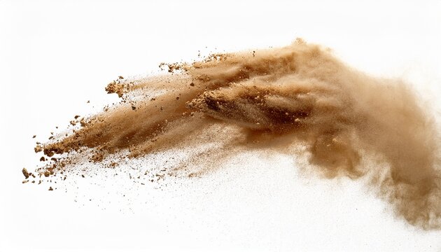 dramatic sand explosion with particles scattering dust isolated on a white background