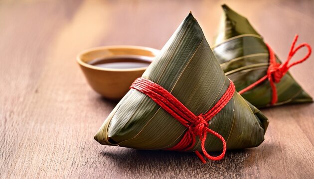 zongzi sticky rice dumpling wrapped in bamboo leaves with red string