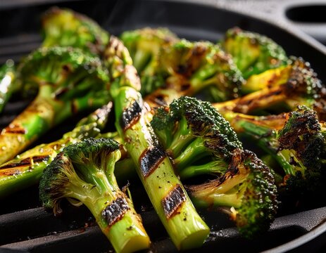 perfectly grilled broccolini with charred details close up shot