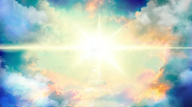オーロラ色の空の中に光りさす太陽光と天国に続く雲の道の天国背景動画