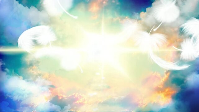 オーロラ色の空の中に光りさす太陽光と天国に続く雲の道の天国背景動画