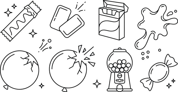 Chewing gum and candy line icon set featuring bubble gumball machine pack splash and sweet confectionery symbols