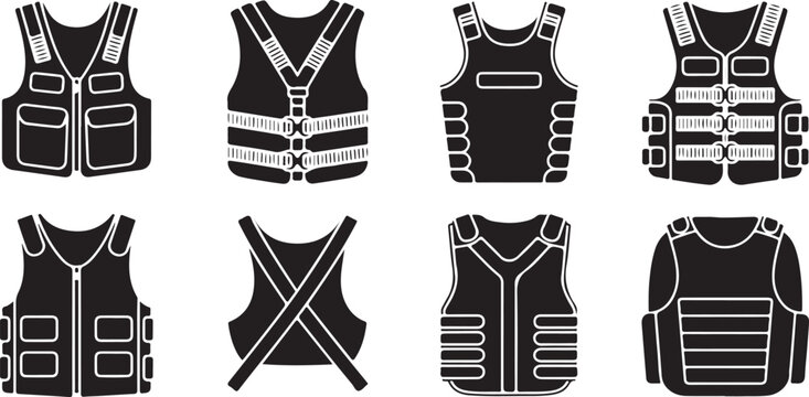 Tactical vest silhouettes including ballistic body armor plate carriers and survival gear equipment for safety and protection.