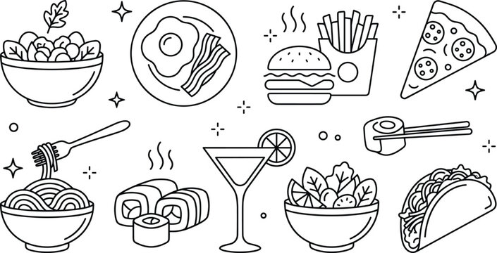 Food and restaurant line icon set featuring pizza burger taco pasta sushi salad and cocktail symbols