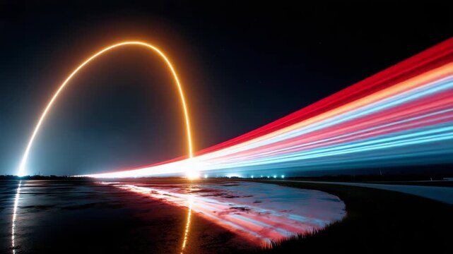Long exposure of light trails and rocket launch arc at night. Vibrant red and blue motion streaks reflected in water. Space exploration and technology concept