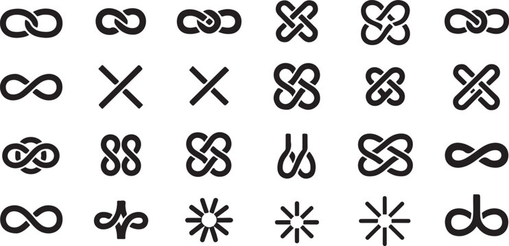 Abstract infinite loop and knotted connection icons set displaying geometric intertwining symbols for network logic concepts.