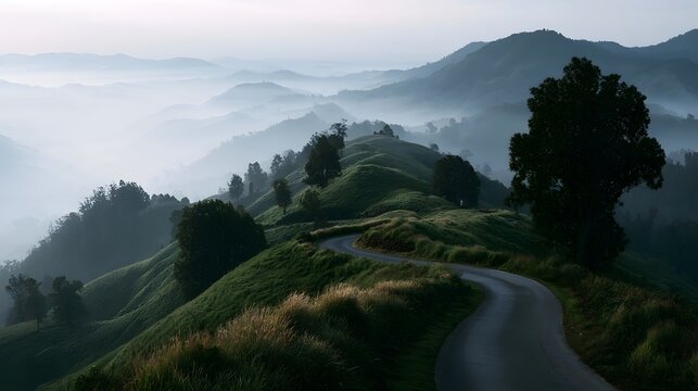 A winding hilltop route is enveloped in soft mist as gentle shadows dance across the tranquil landscape