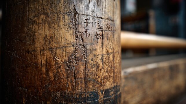kungfu. Close-up of a worn wooden Wing Chun dummy with impact marks and patina. bar promotions, beverage menus, designed for food & beverage menus and cafe branding.