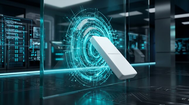 A sleek white battery charges in a futuristic lab with neon lights and technology