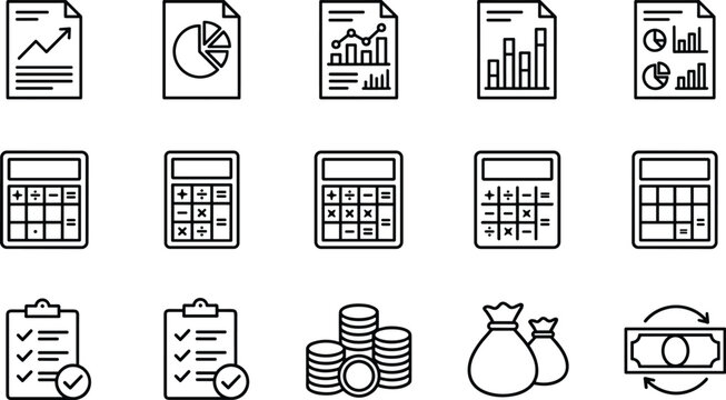 Business finance accounting report and calculator line icon vector set