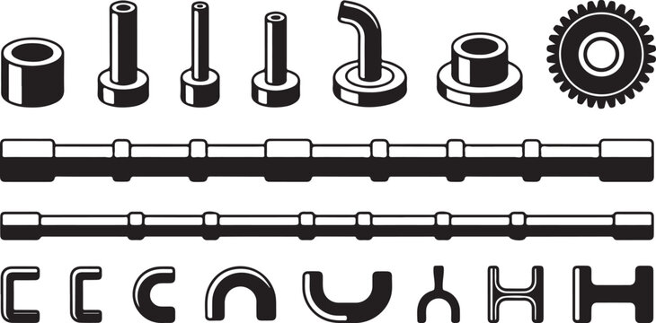 Industrial mechanical parts collection featuring cylinders gear wheels camshaft components metal tubes and curved pipe joints set.