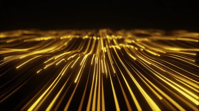 黒背景で加速するゴールドと深いアンバーのネオンライトの軌跡