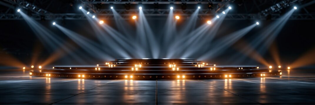 Empty stage with tiered platform, spotlights, and decorative lights, ready for performance or event