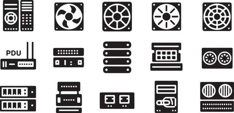 Information technology hardware components including server racks power units cooling fans and network equipment cabinet units.