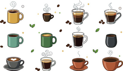 Fototapeta premium Hand drawn coffee cup collection featuring espresso, cappuccino, latte, americano, mocha, and hot café beverages in colorful ceramic mugs