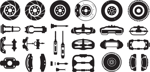 Automotive brake system parts including discs pads and calipers isolated for repair workshop vehicle maintenance machinery concepts. © Kamrun82